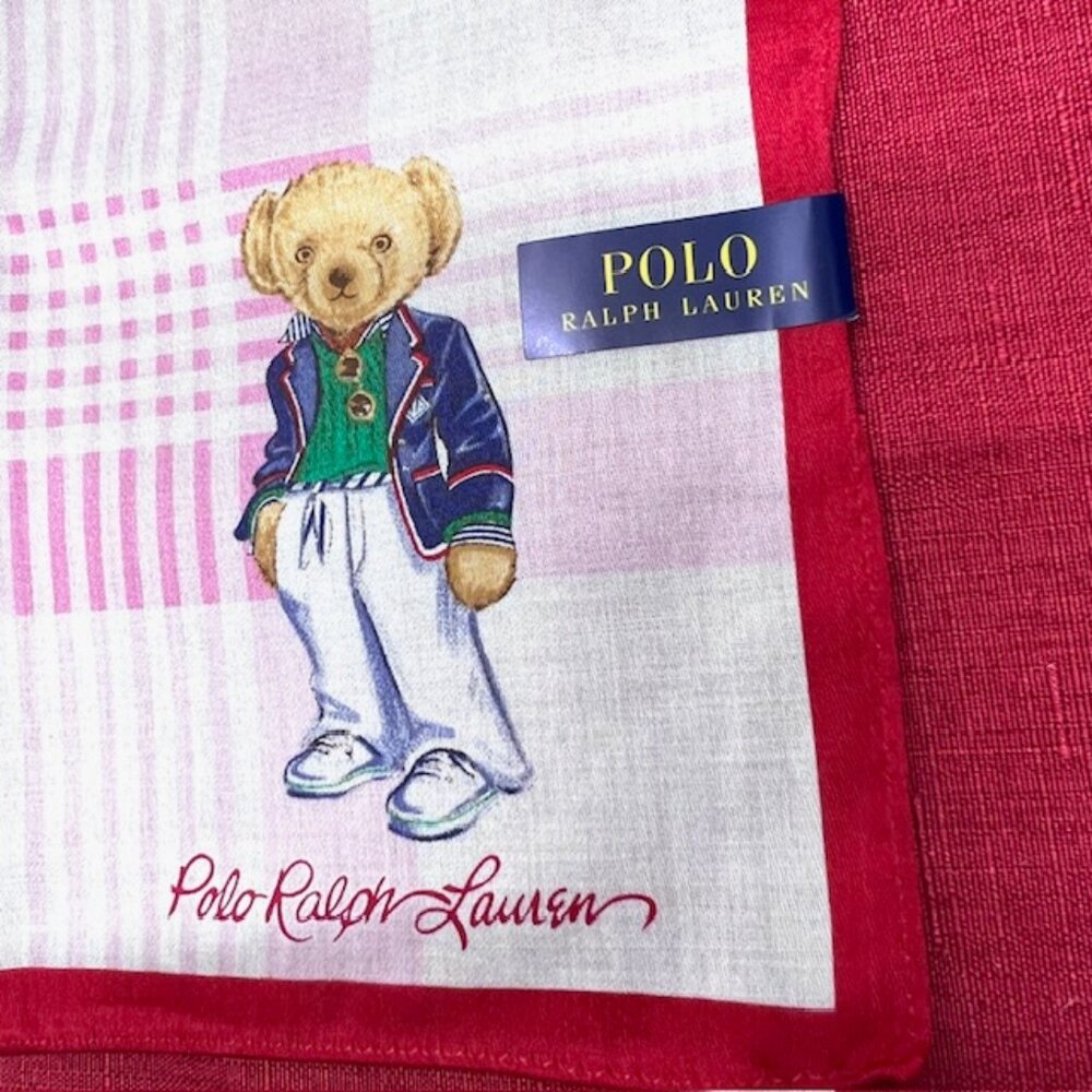 Polo Ralph Lauren Handkerchief /Mini Scarf 19" pink white check with bear(84) - Picture 7 of 14